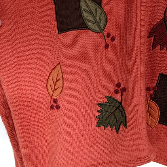 Vintage Fall Leaves Cardigan Sweater Crystal Kobe Salmon Sz M - Picture 5 of 10